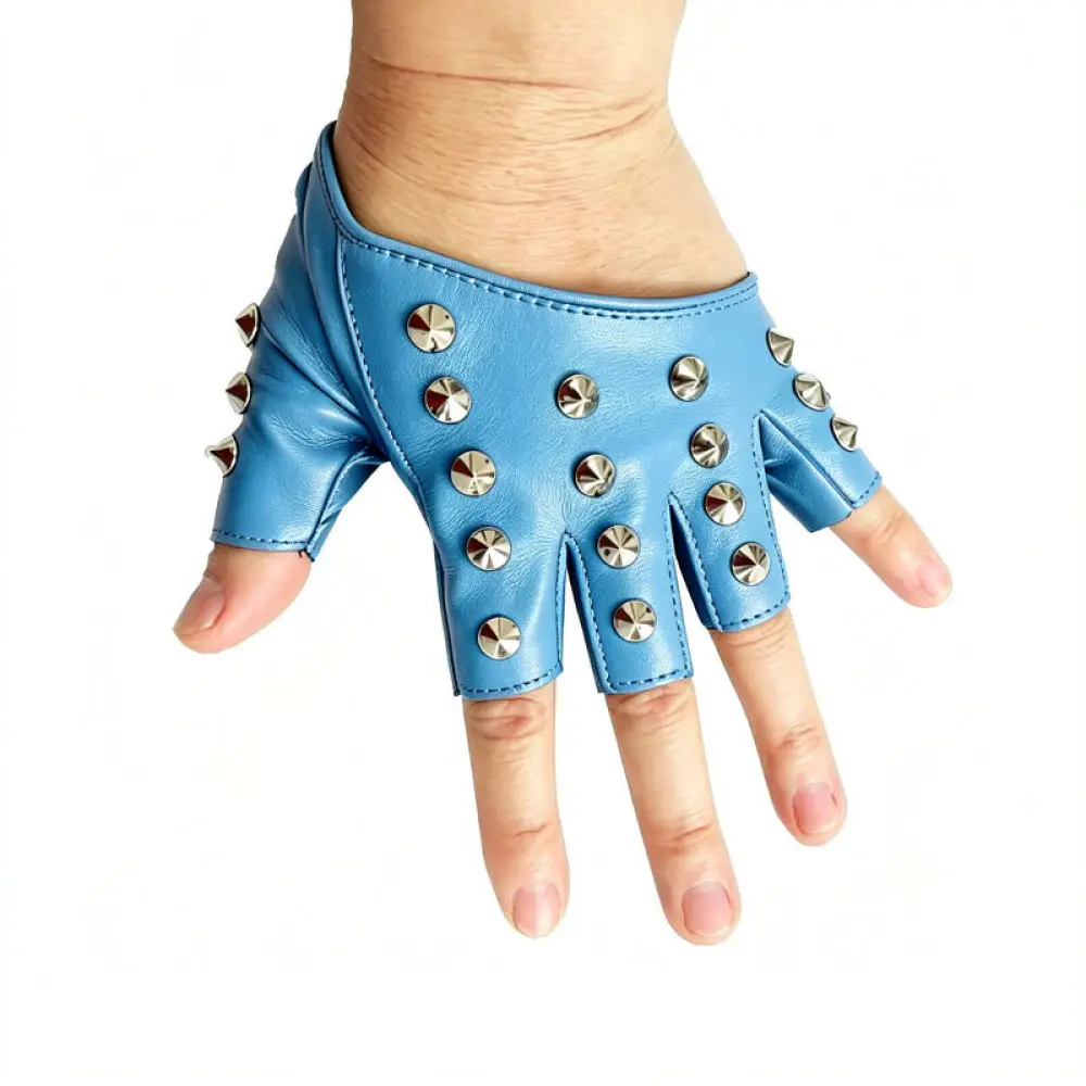 Fashion Punk Rivet Gloves Half Finger Performance Costume Stage Dance Cosplay Accessories Synthetic Leather Unisex