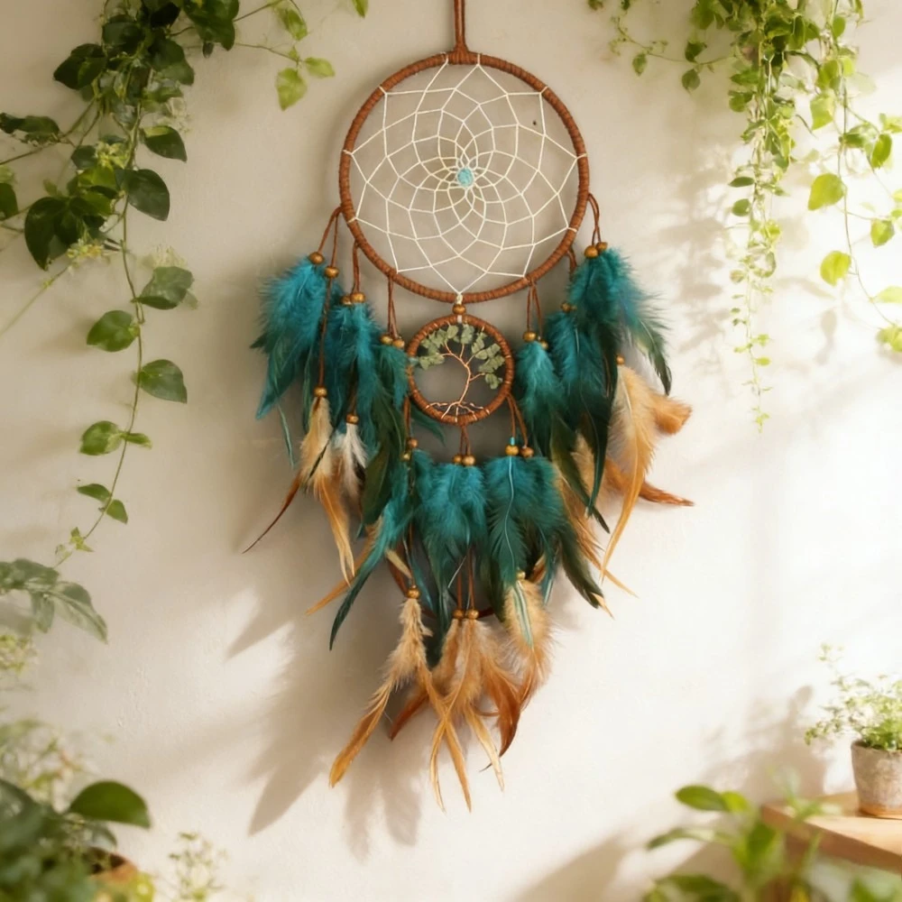 1 atrapasueños bohemio azul con plumas, arte de pared, decoración de dormitorio, brilla en la oscuridad, idea de regalo.