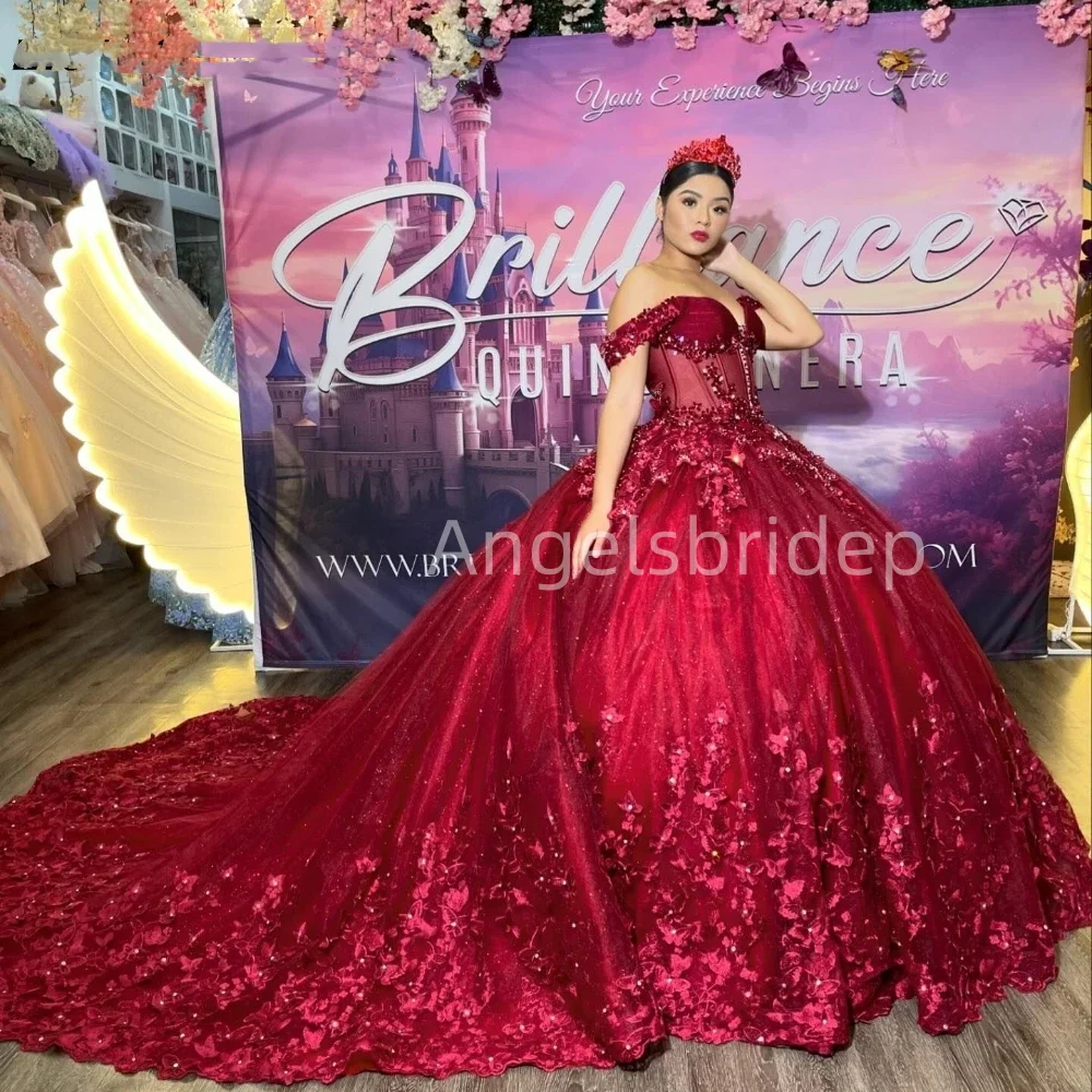 Angelsbridep 2025ชุดเดรส quinceanera สีเบอร์กันดีชุดไปงานเต้นรำผ้าปะติด3D งานพรอมชุดเดรสปาร์ตี้สำหรับผู้หญิง