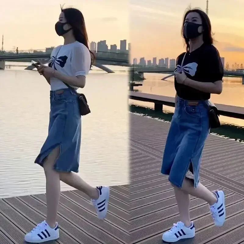 Skirts for Women To Knees Length Womens Skirt Jeans Denim Pencil Clothing with Slit Y2k Trend High Quality Summer 2024 Fashion V