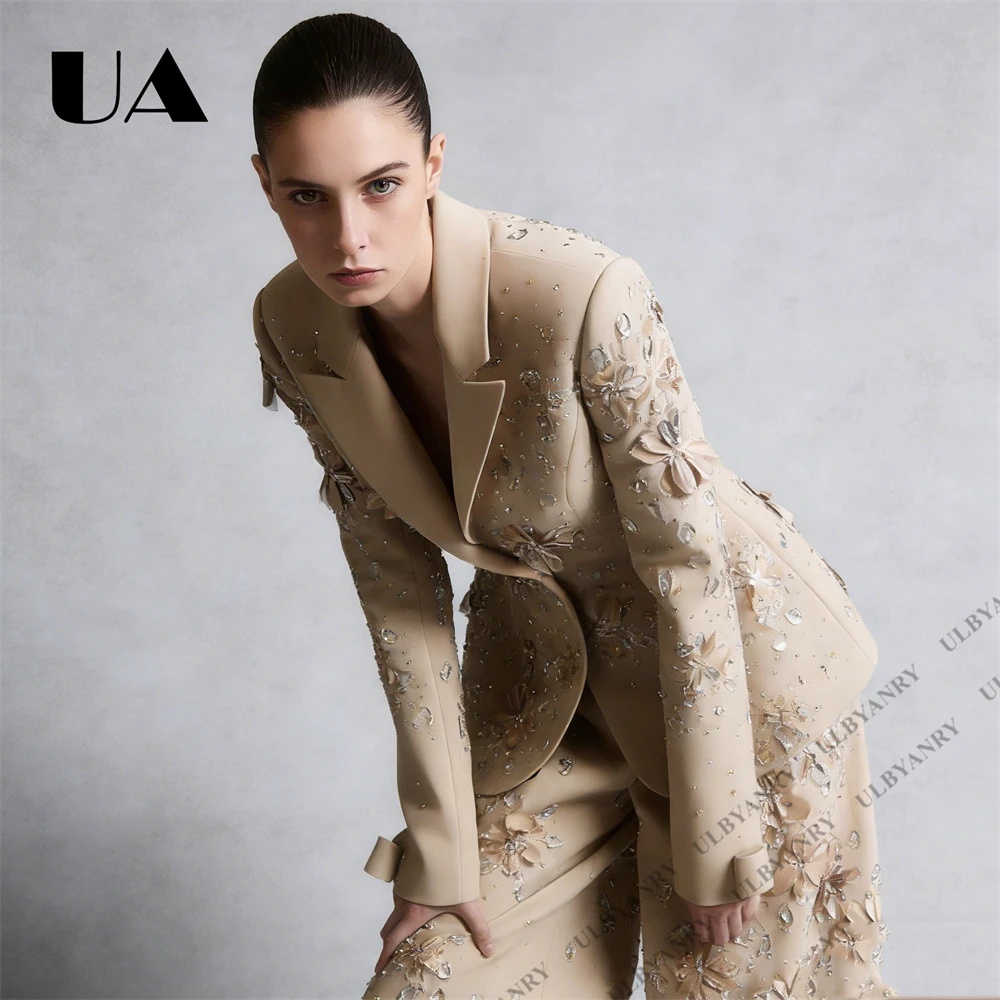 ULBYANRY Women’s Embroidered Suit Set – Beige Floral Beaded, Lapel, Waisted, Wide-Leg Pants, Elegant Party & Wedding Set