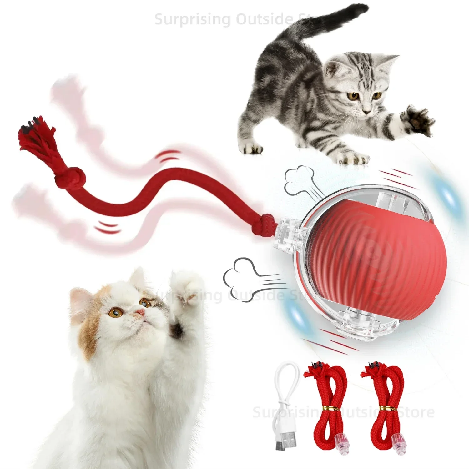 Interactive Cat Toy Ball Super Drive Cat Rolling Balls with Long Tail Motion Activated Sensor Pet Cats Teaser Automatic Toys