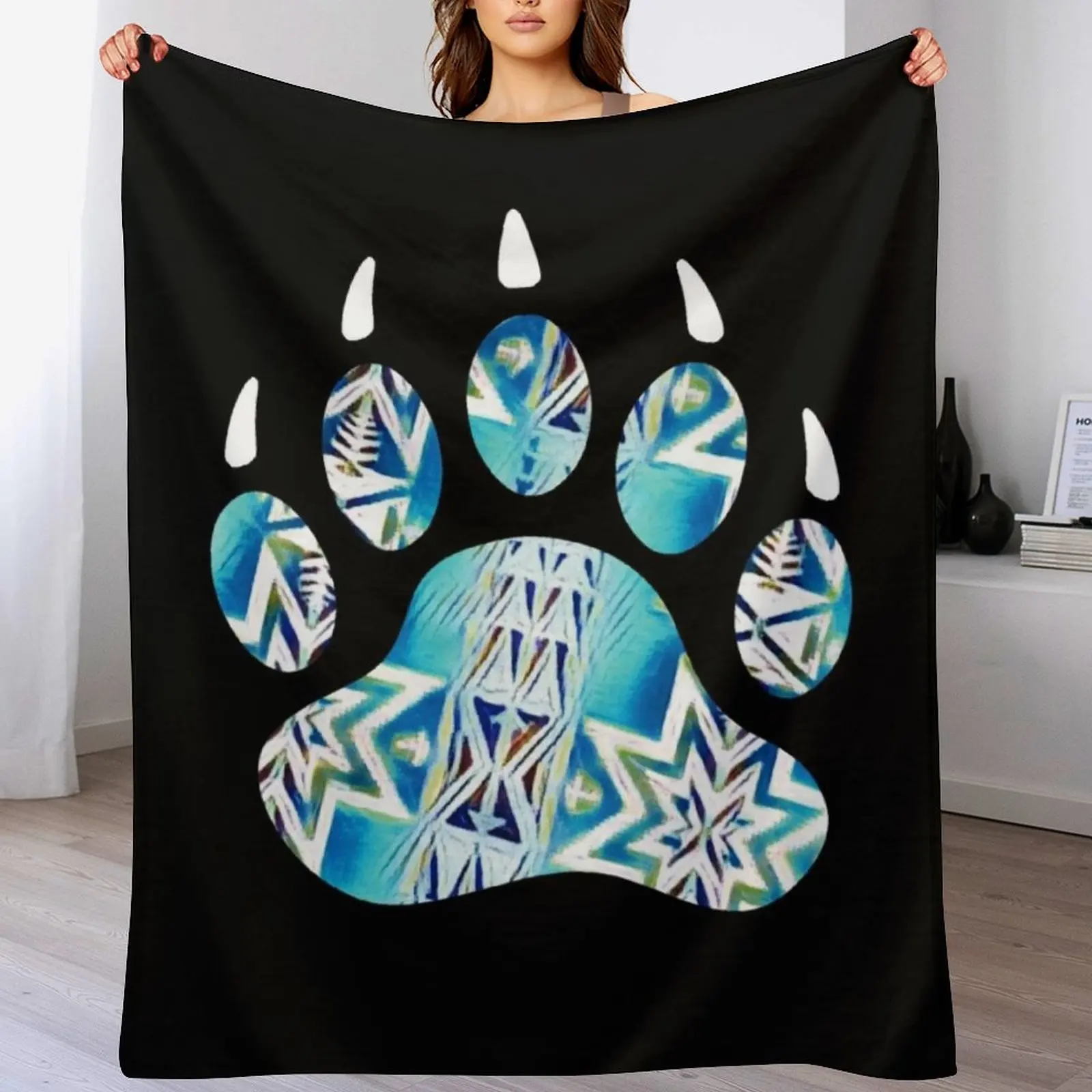 

Native Bear Paw Print Turquoise/White Throw Blanket Soft Cozy Blanket for Pet Kids Adults