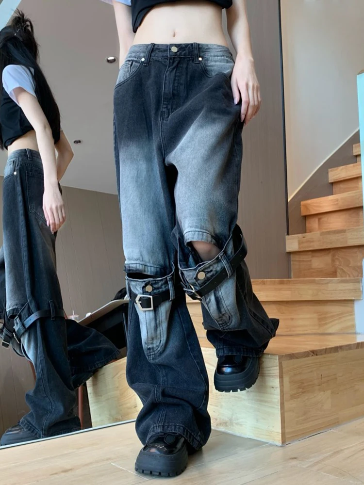 

Patchwork Jeans for Women 2024 Vintage Streetwear Hip Hop Loose Denim Pants Casual High Waisted Ripped Wide Leg Jeans