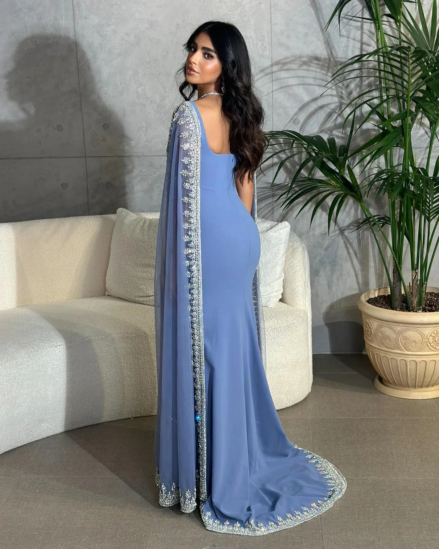 Customized Evening Dresses Luxury Crystal Blue Mermaid Dubai Evening Dresses  Cape Sleeves Elegant Arabic Women personalized