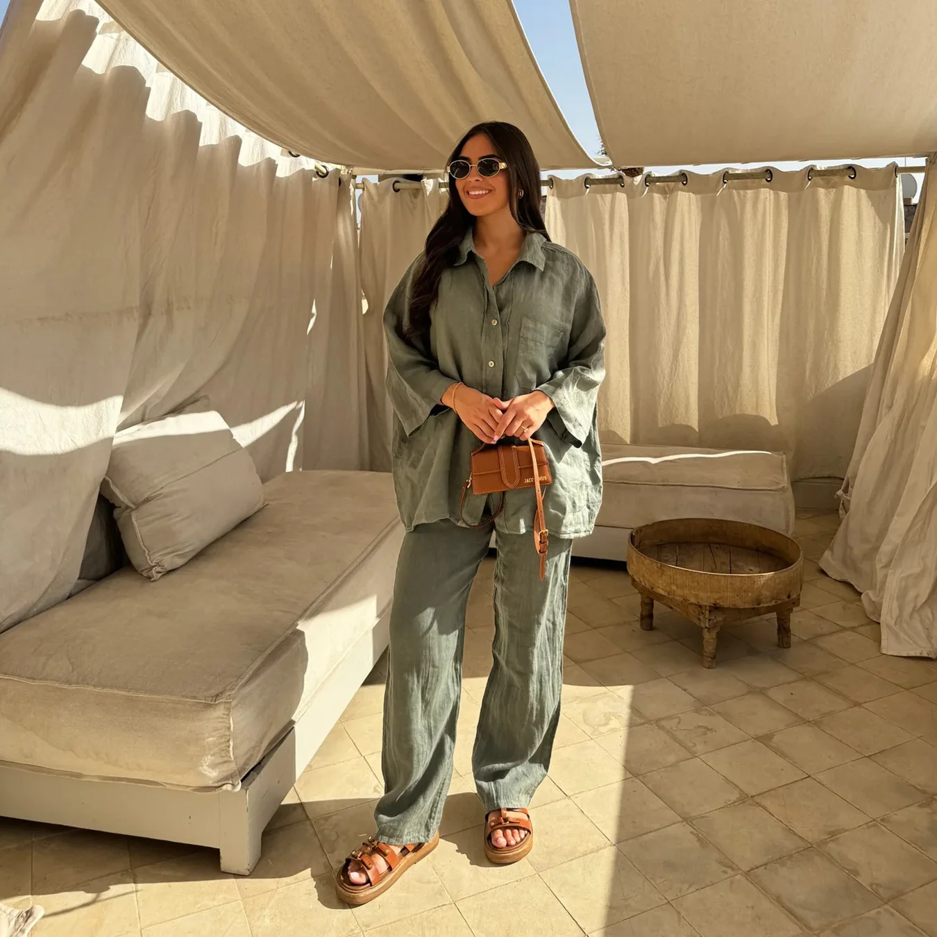 Женские комплекты брюк, комплект из двух предметов, топ с длинными рукавами, однобортные рубашки с отложным воротником, карманы, широкие брюки, рубашки, повседневные