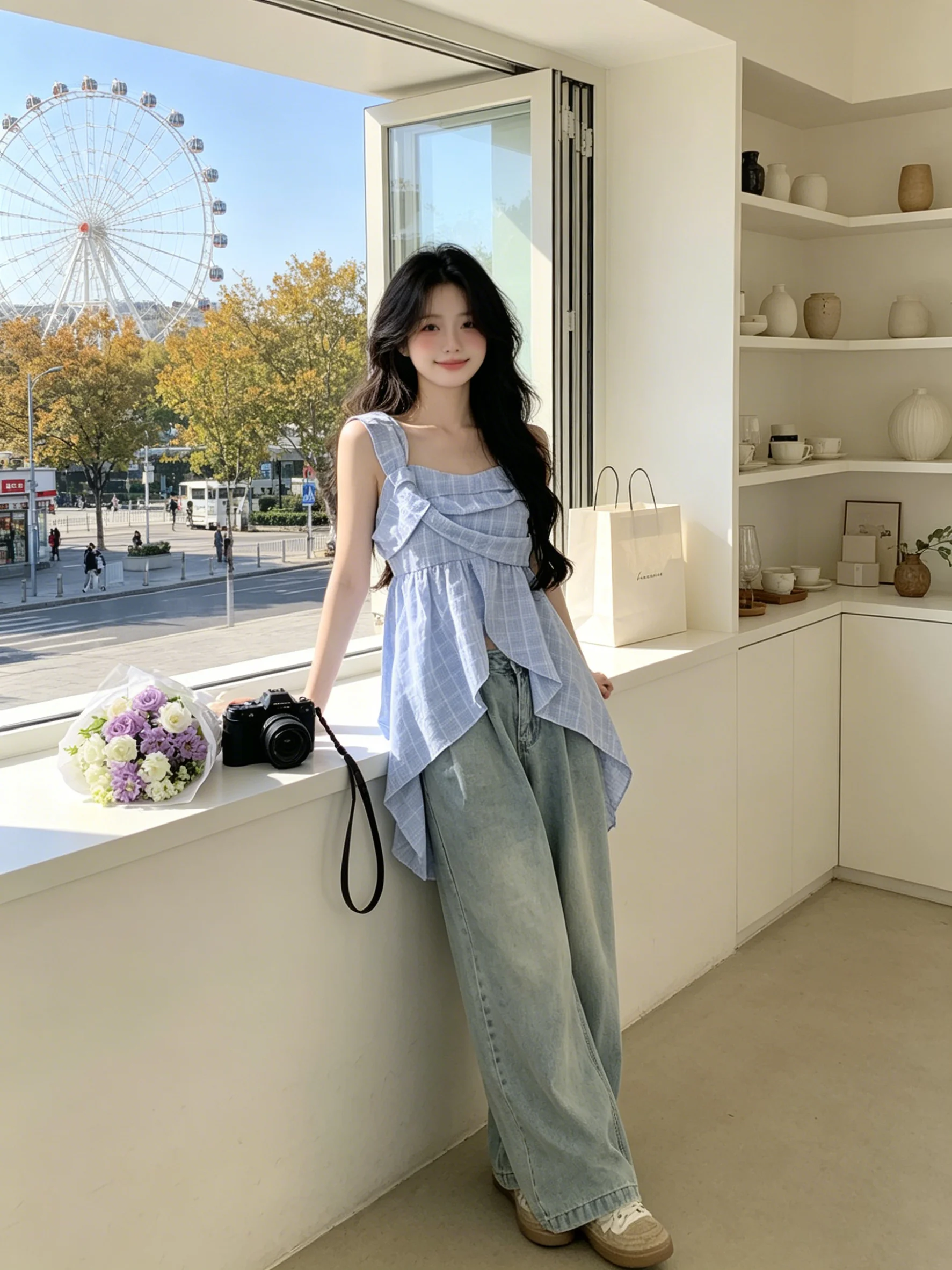 Sweet Blue Plaid Strap Vest Women Summer Irregular Loose Slimming Sleeveless Top Breathable Thin Cotton Polyester Blend