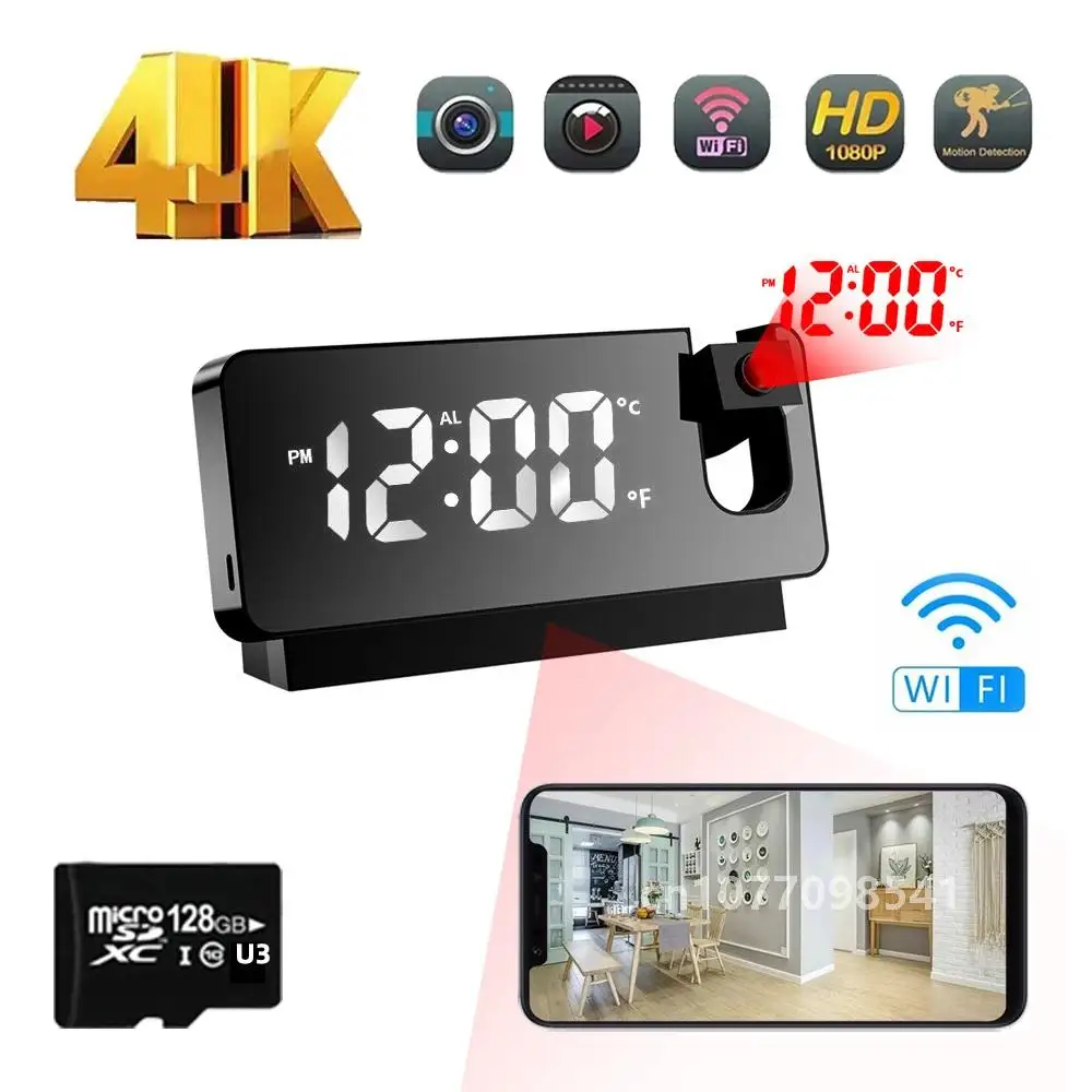 Time Projection Clock Mini Camera 1080P HD Supports 2.4G WiFi Mobile Capture USB 24-hour Plug in for Indoor Room Store Video Cam