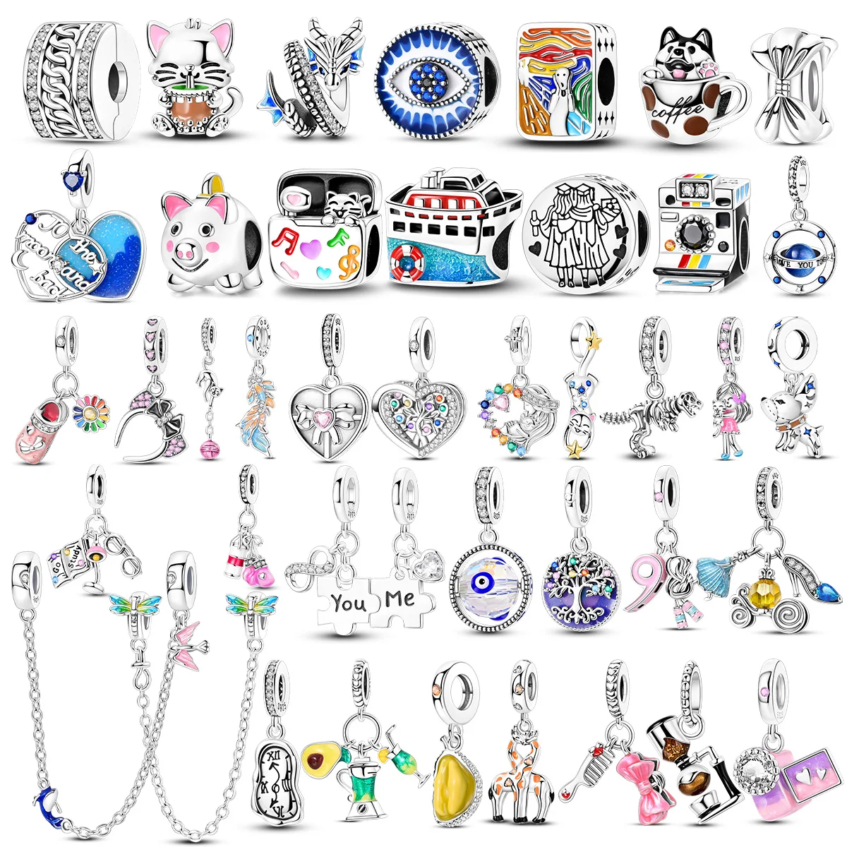 

925 Silver Charm Love Cat pet dinosaur camera Beads Inlaid Zircon Fit Bracelets Women DIY Anniversary Birthday Gifts Jewelry