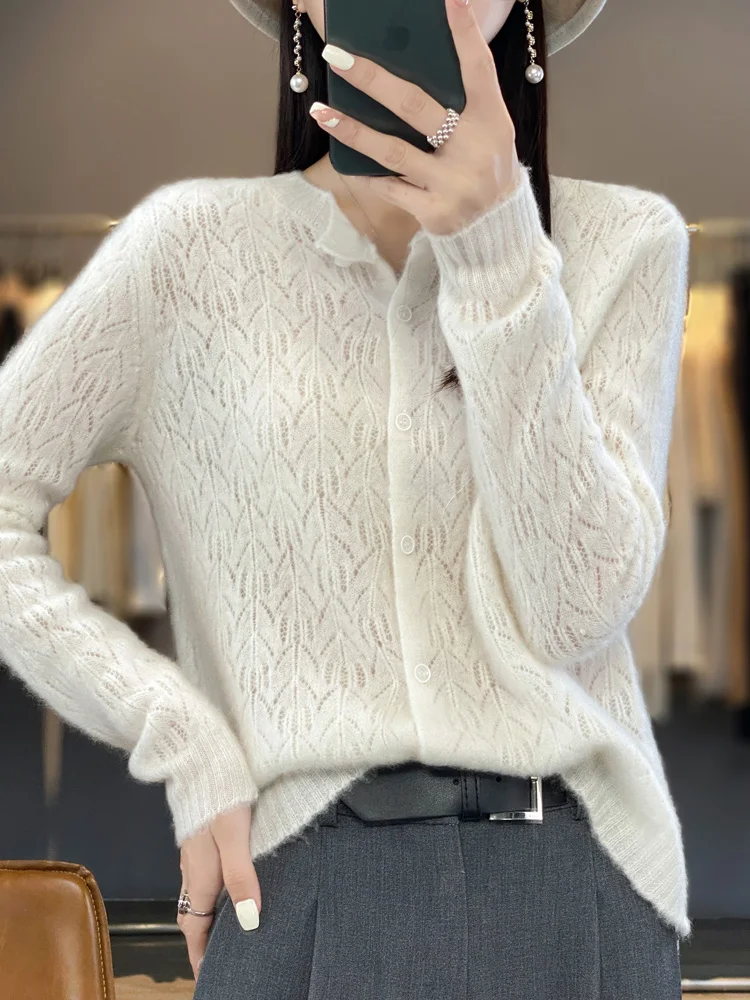 Autumn Winter 100% Merino Wool Women’s Cardigan Hollow O-neck Cashmere Knitted Sweater Female Clothing Basic Korean Fashion Tops