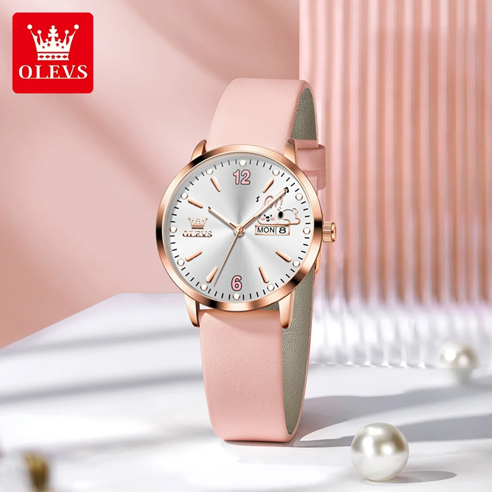 OLEVS New Quartz Watches for Woman Original Leather Strap Luminous Waterproof Date Week Wristwatch Fashion Girls Students Watch