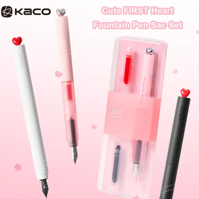 Cute Kaco FIRST Heart Fountain Pen 2 Ink Sac Set Portable Cherry Blossom Pink/Classic Body EF Nib Signture Pens Gift Stationery
