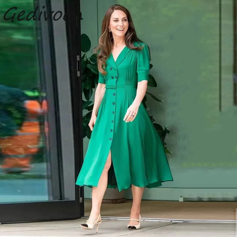 

Gedivoen Summer Fashion Runway Vintage Loose Dress Women's Turn-down Collar Ruched Button Sashes Slit Holiday Party Long Dress