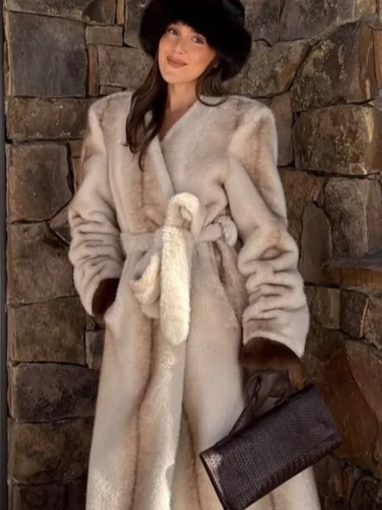 

Luxury Faux Fur Maxi Belted Coat Women Chic Full Sleeve V-neck Waist Cinching Oversized Overcoat 2026 Winter Commute Coats Lady