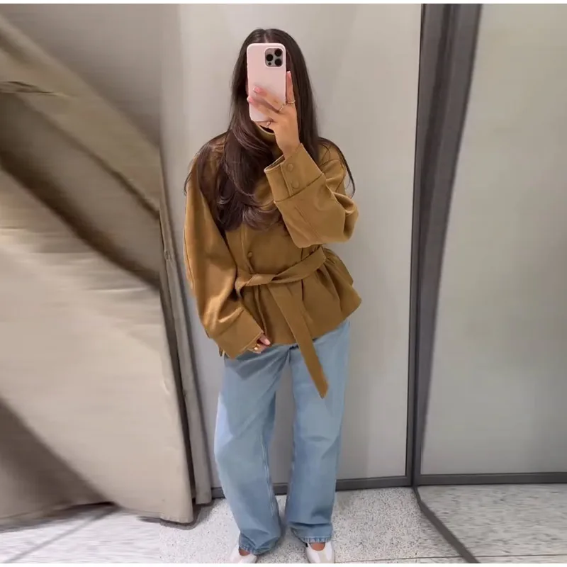 Damen Herbst Winter Hochkragen Wildlederjacke Einfarbig Einreihig Langarm Gürtel Tailliert Lockerer Mantel Lässige Mode Streetwear – Detail 8