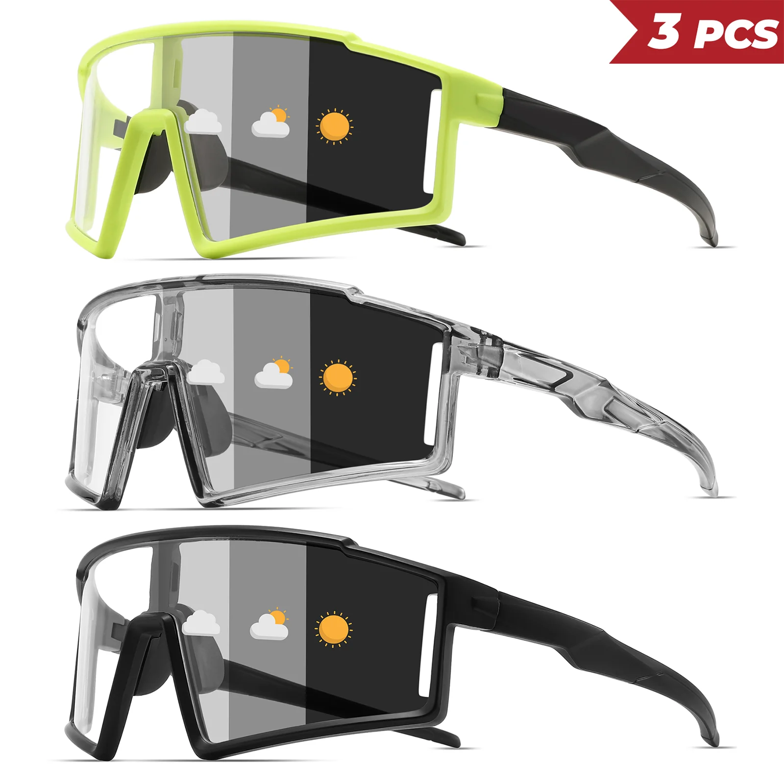 3 Stück Premium Übergroße Photochrome Sportsonnenbrille - Einteilige Linse, UV400 Unisex für Radfahren, Wandern & Outdoor-Abenteuer