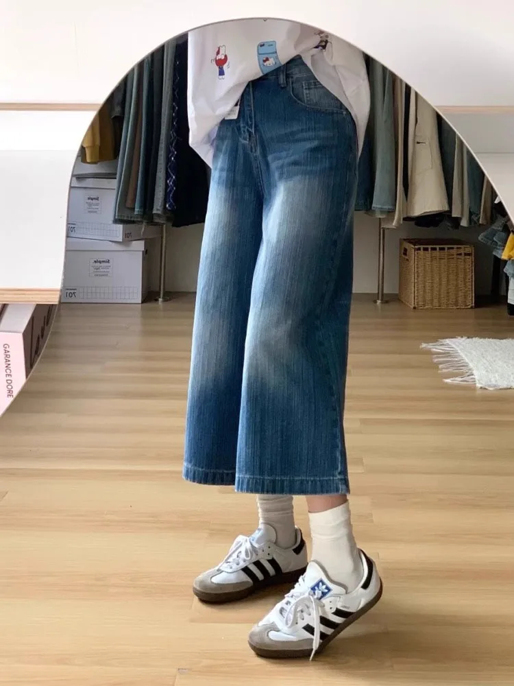 ハイウエストワイドレッグクロップデニムジーンズ レディース ルーズフィットストレートレッグパンツ 秋新作 スリープラスサイズ ストリートファッションジーンズ