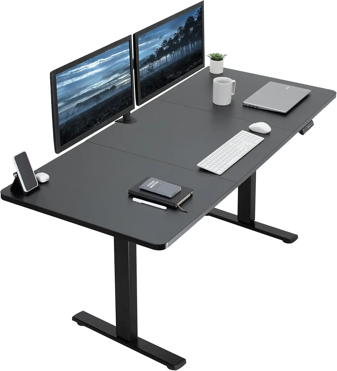 Electric Height Adjustable 71 x 30 inch Memory Stand Up Desk, Black Table Top, Black Frame, Standing Workstation