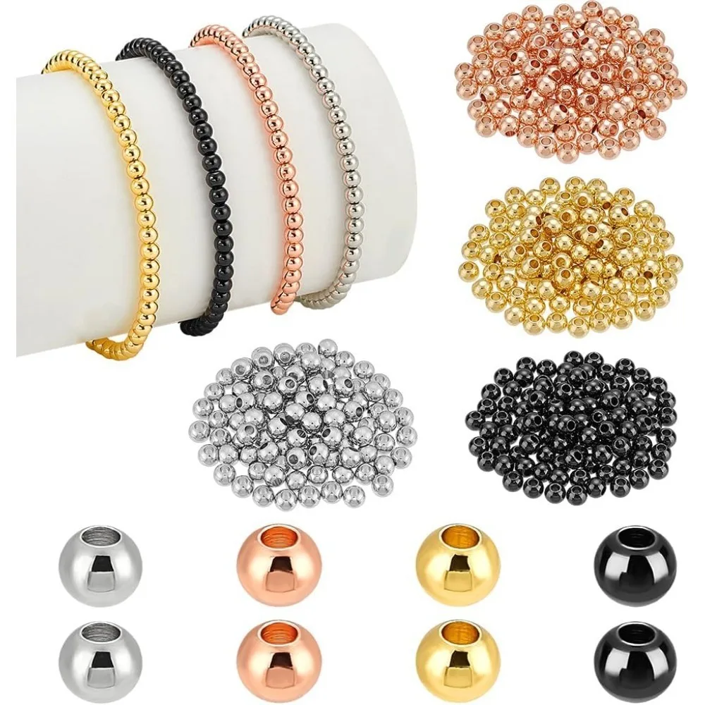 

400pcs 4 Colors Beads 4mm Metal Bracelet Beads Brass Spacer Beads Round Ball Beads Small Loose Spacer Beads