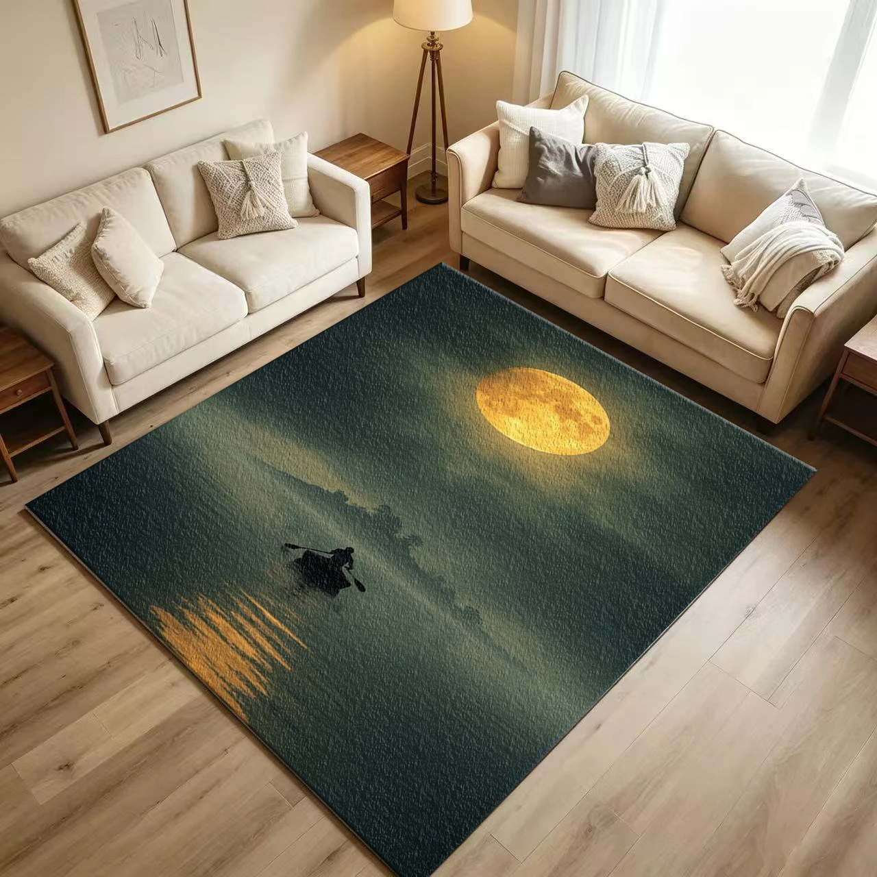 Full Moon Night Lake Boat Paddler Silhouette Scenery Carpet Flooring Calm Landscape Rug