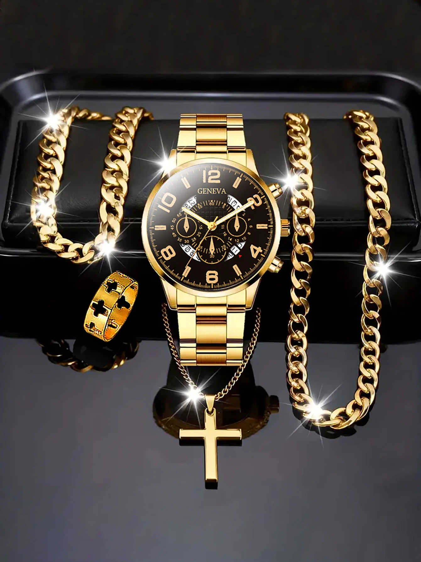 

Men's Quartz Watch Chain Design Bracelet Necklace Ring Set Versatile Accessory Gift for Birthdays Ideal for Daily Wear