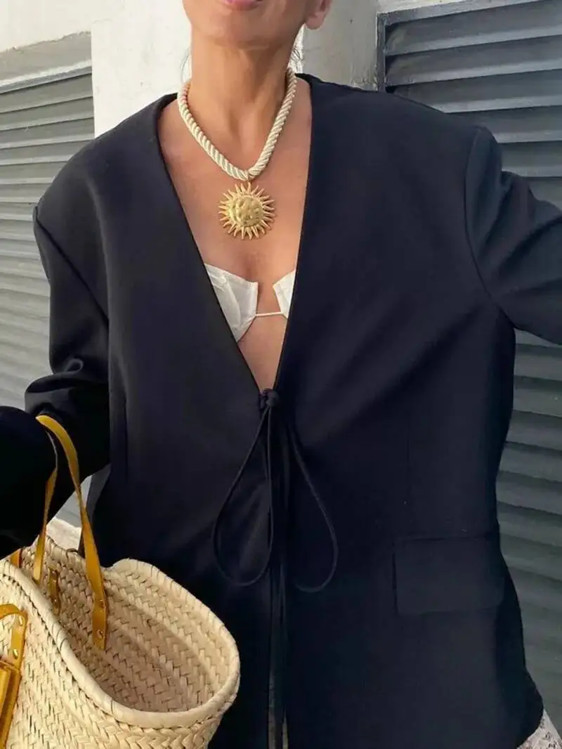 캐주얼 오버 사이즈 블랙 블레이저 여성 V 넥 보우 타이 포켓 루즈 자켓 패션 streetwear 여성 아웃웨어 MS7Q