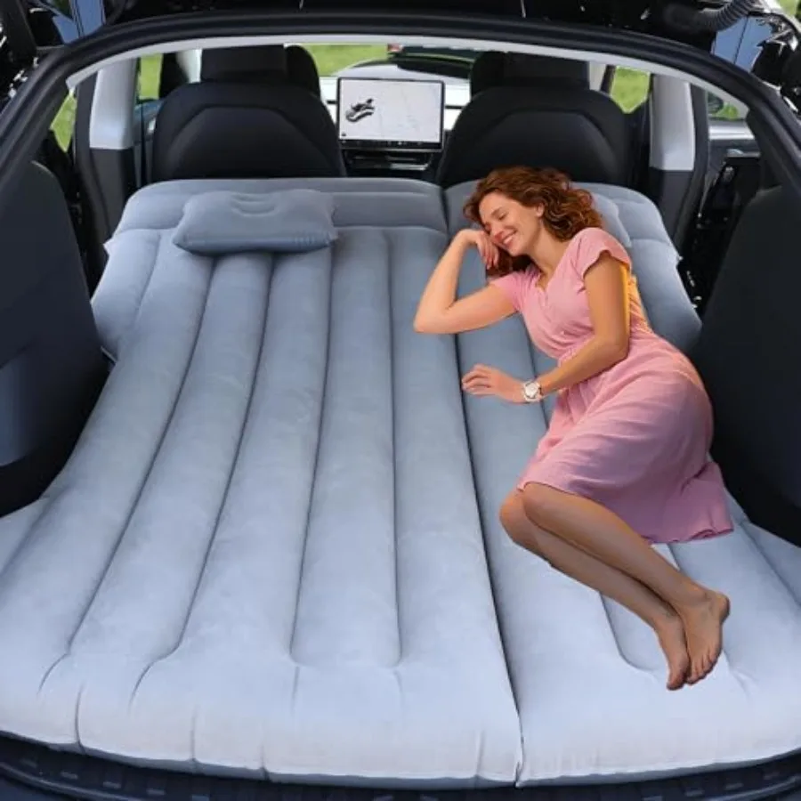 Car Air Mattress - Inflatable Camping Bed Compatible with Tesla Model Y, Thickened Flocked AirBed for Trunk/Backseat/Sedan/SUV/