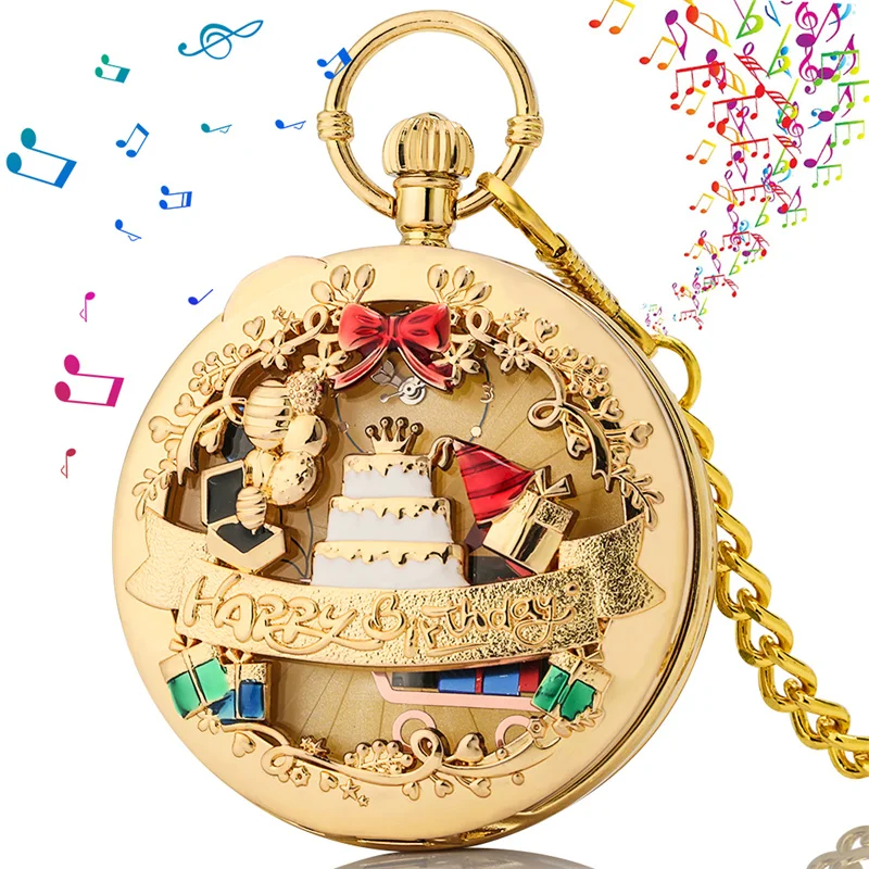 Creative Happy Birthday Musical Pocket Watch with Cake Gift Decorative Design Manual Quartz Movement Timepiece with Chain Gifts