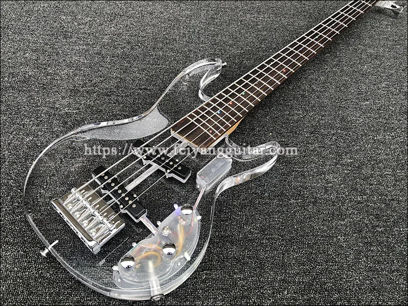 Electric Bass Guitar, Acrylic Body, Rosewood Fingerboard with LED Light, 5 Strings, High Quality Bass Guitar,Free shipping