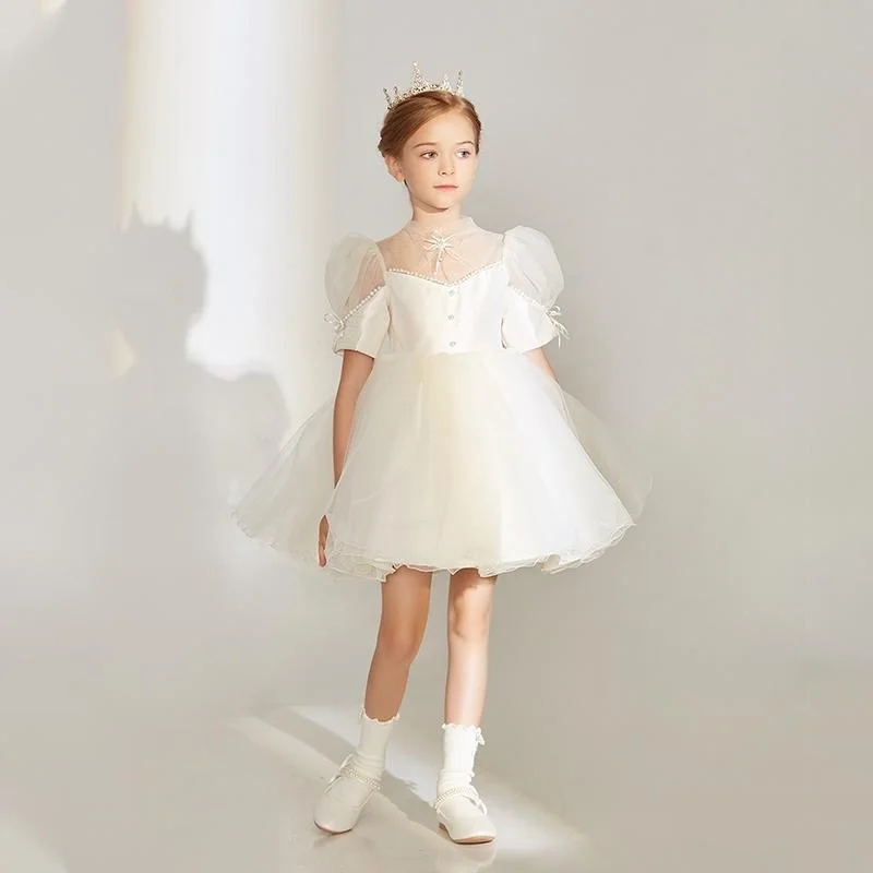 Fashion Baby Girl Princess Tutu Dress Pearl Puff Sleeve Infant Toddler Bow Vintage Vestido Party Pageant Baby Clothes 1-10Y