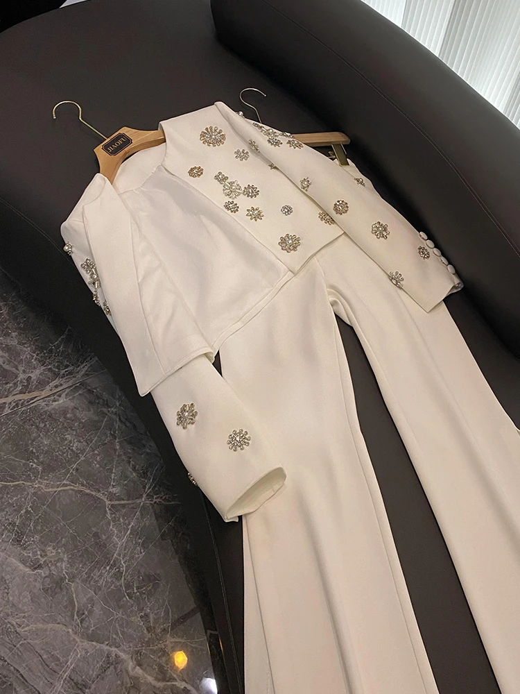 Luxury Fine Workmanship Beads Rhinestone Lady Suit Short Length Coat Slit Wide Leg Pants Women 2Pcs White