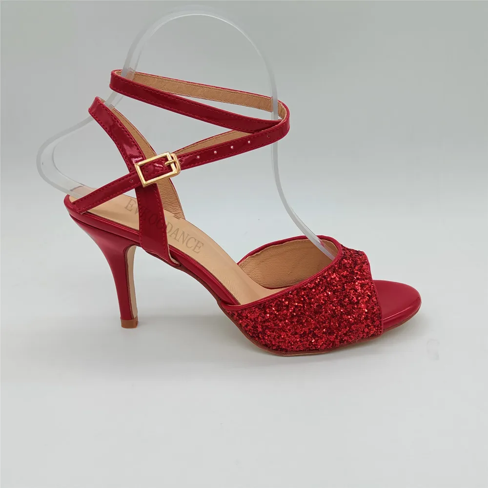 Evkoodance New Red Women Glitter Tango Shoes 9CM Heel Comfortable Latin Ballroom Dance Shoes for Tango Competition Wedding Party view 2