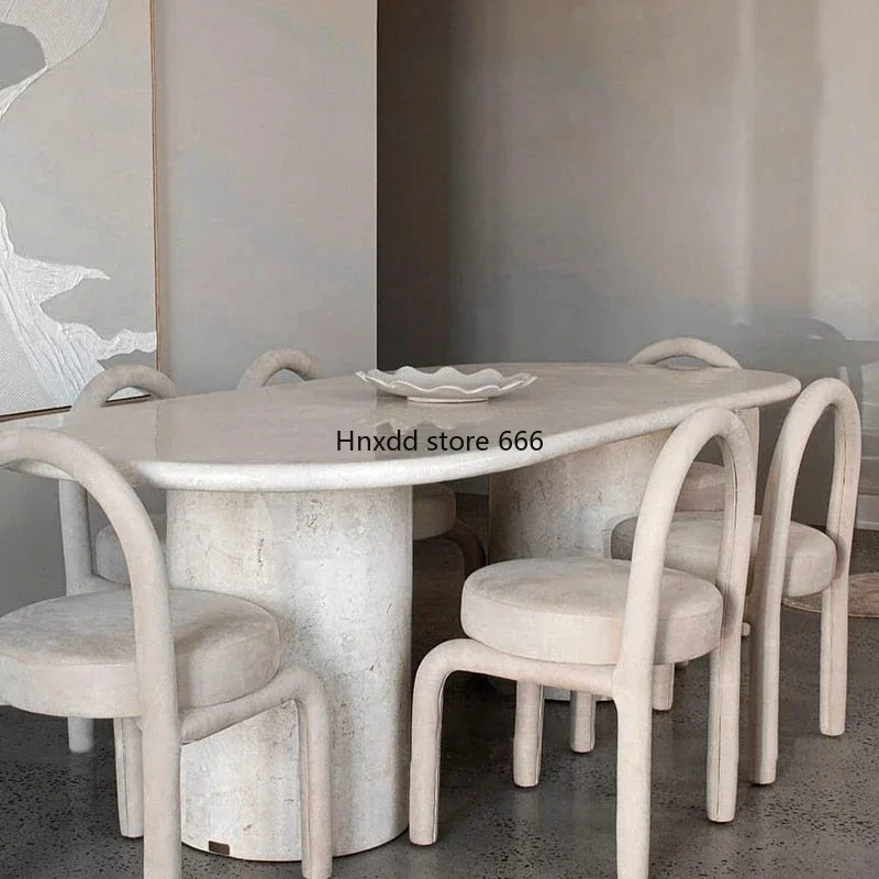 Natural marble oval dining table medieval retro wabi style light luxury marble dining table modern