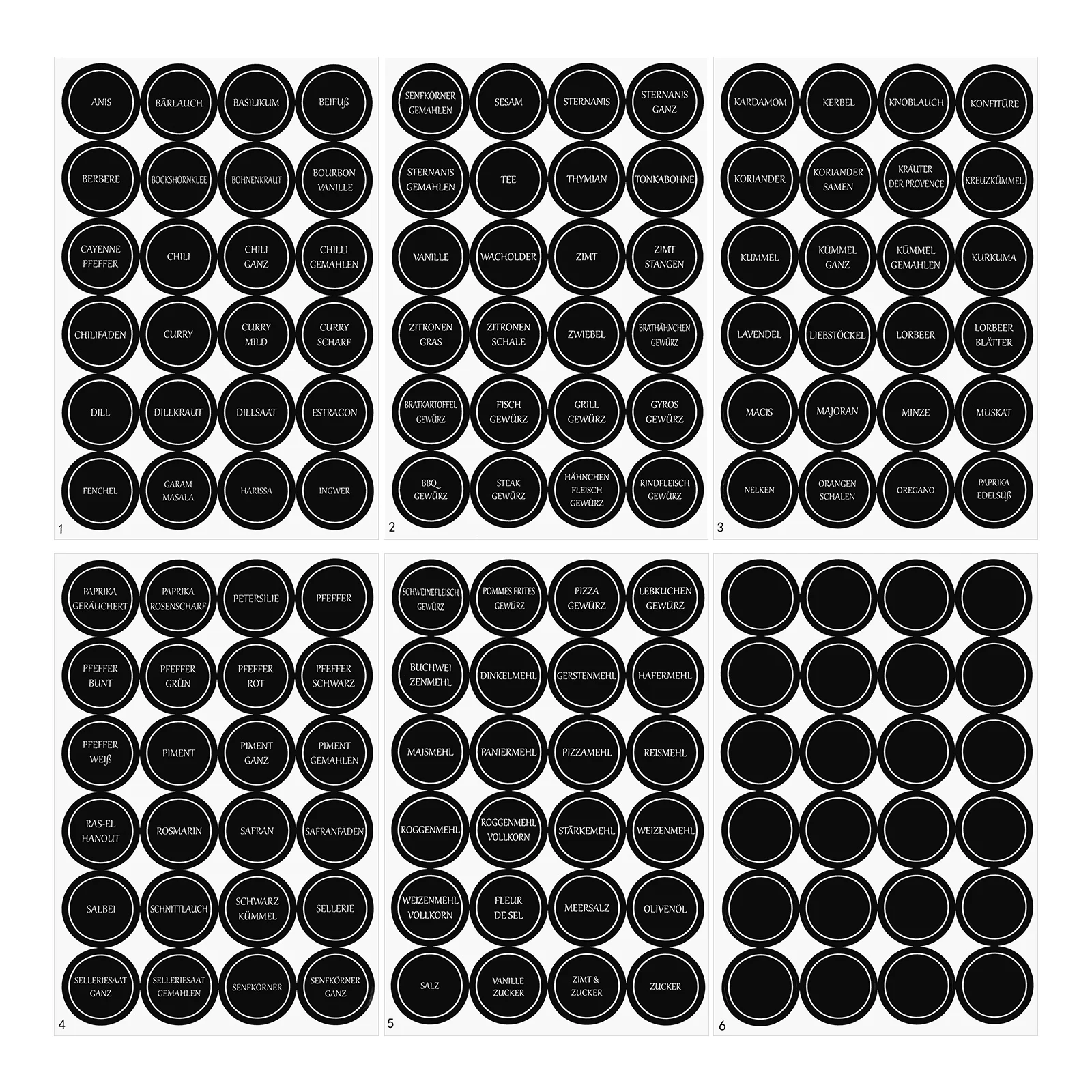 

6 Sheets 35mm Round German Spice Stickers for Kitchen Containers Jars Labels Seasoning Food Mason Pantry Organization