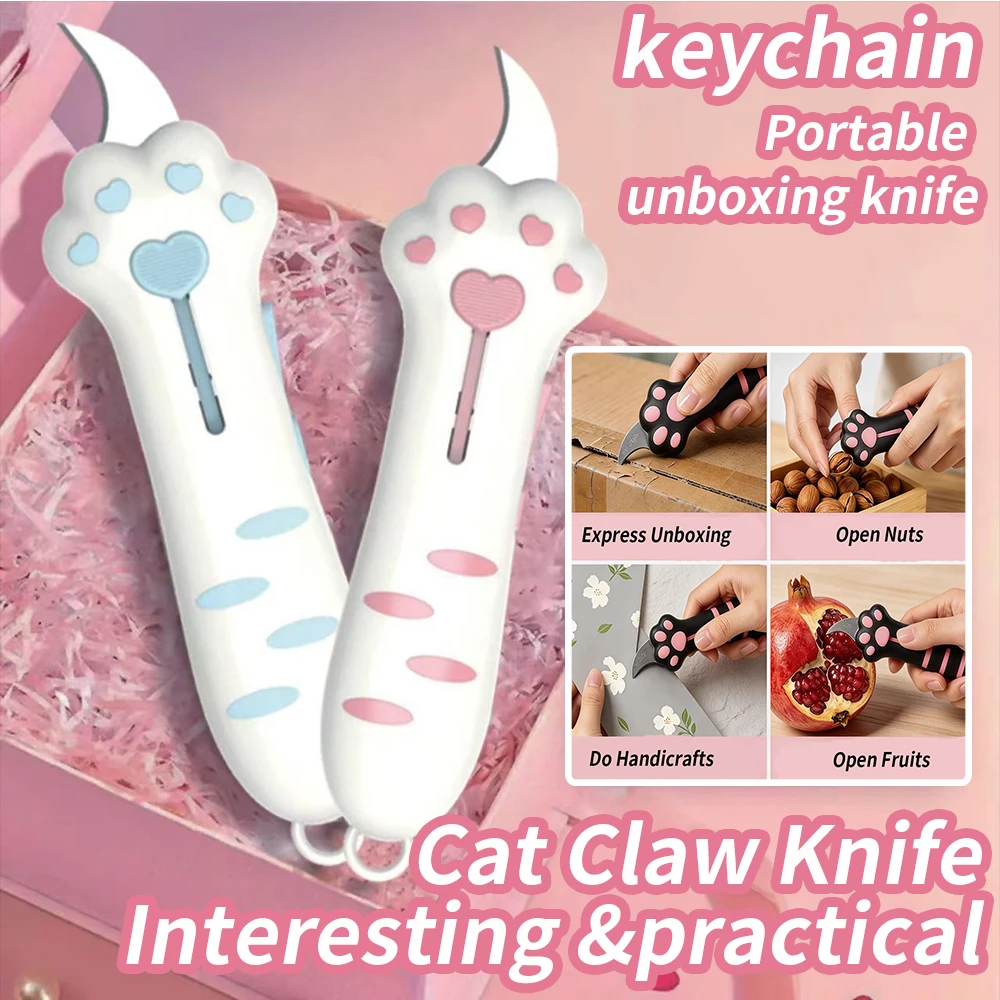 Cute Cat Claw Box Cutter Keychain, Retractable Portable Utility Knife, Mini Unboxing Pocket Knife for Package Opening & Daily