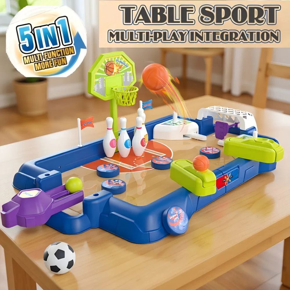 

5-in-1 Sports Table Top Game Sports Center Indoor Game Tabletop Mini Soccer Basketball Hockey Bowling Foosball Interactive Play