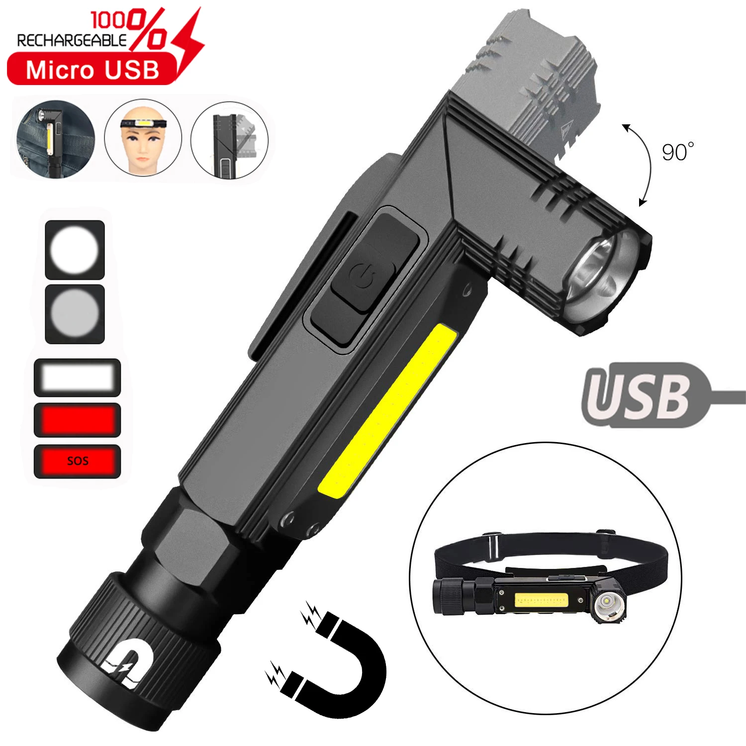 

Super Bright LED Flashlight 90 Degree Twist Rotary Clip Torch USB Rechargeable Tactical Pocket Lights 5 Modes Built-in Battery