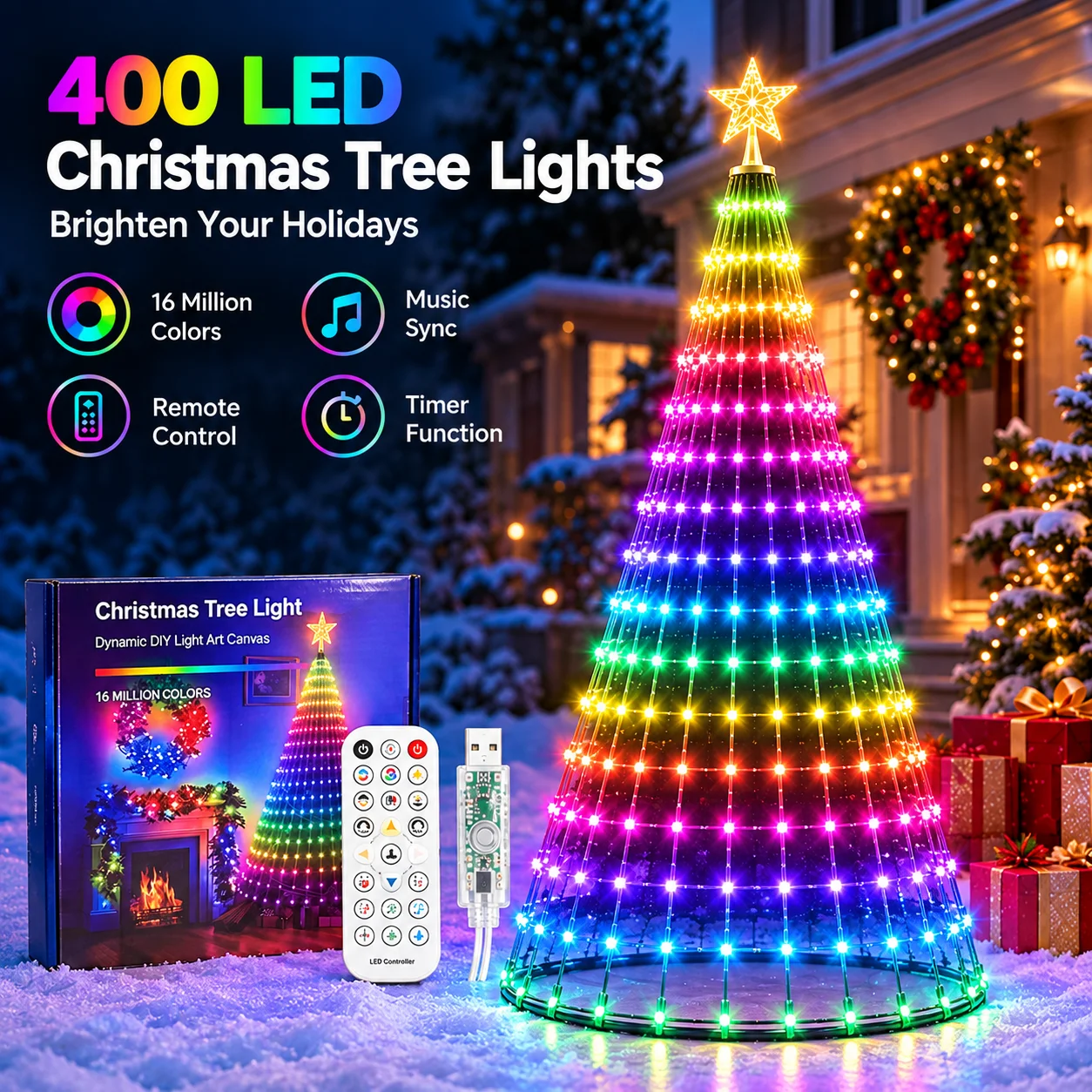 400 LED RGB Christmas Tree Lights with Star Topper, Bluetooth App & Remote Control, Music Sync, 16 Million Colors, USB Waterfall String Lights for Indoor and Outdoor Christmas Holiday Decor