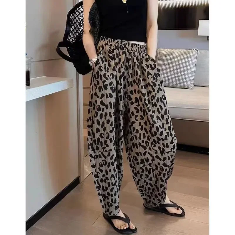 Mulheres casual leopardo impressão tornozelo comprimento calças 2023 cintura alta cordão calça solta jogger moda plus size senhoras calças pop