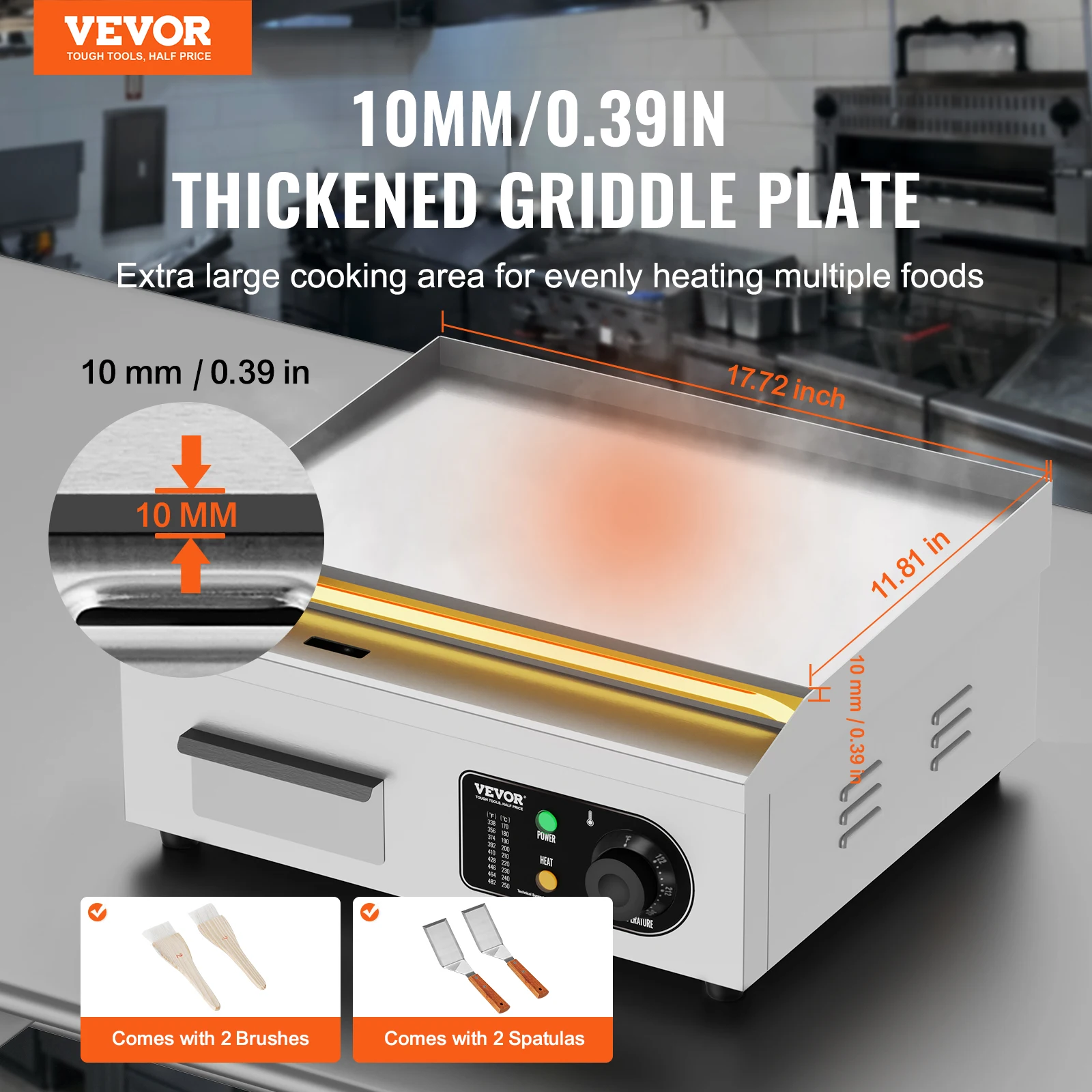 VEVOR 17.8In Commercial Electric Griddle, Countertop Flat Top Grill, 122℉-572 ℉ Adjustable Temp, Stainless Steel Griddle Grill