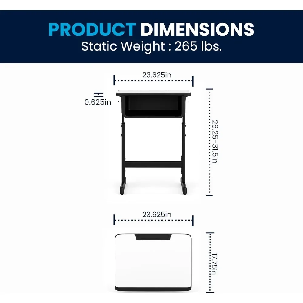 Billie Open Front Student Desk for Classrooms or Remote Learning, Height Adjustable School Desk with Book Box and Bag Hooks