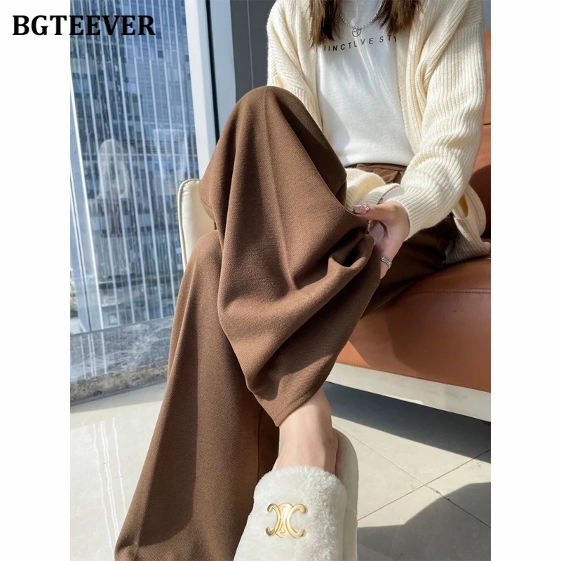 BGTEEVER High Waist Floor-Length Thicken Velvet Women Trousers Winter Loose Warm Wide Leg Long Pants Female