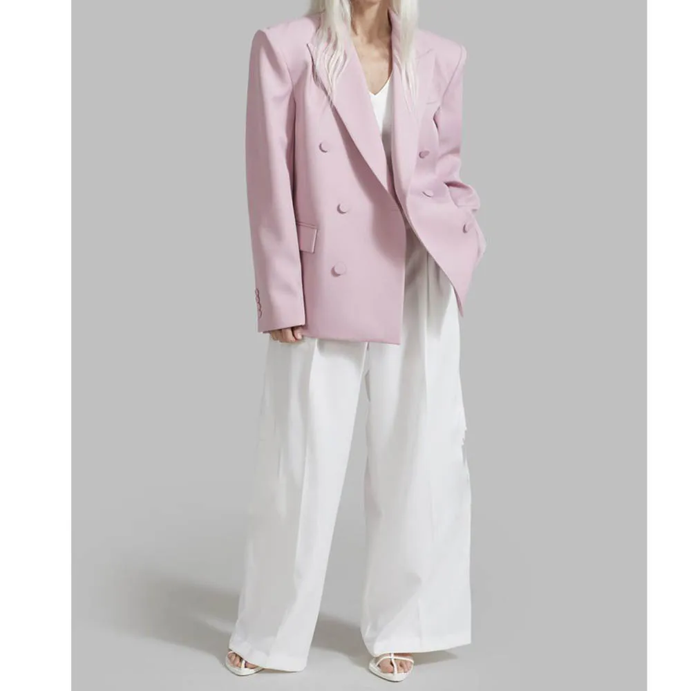 

Custom Made Pink Blazer White Pants 2 Piece Double Breasted Peak Lapel High Quality Women Suits Trousers Sets Casual Clothing