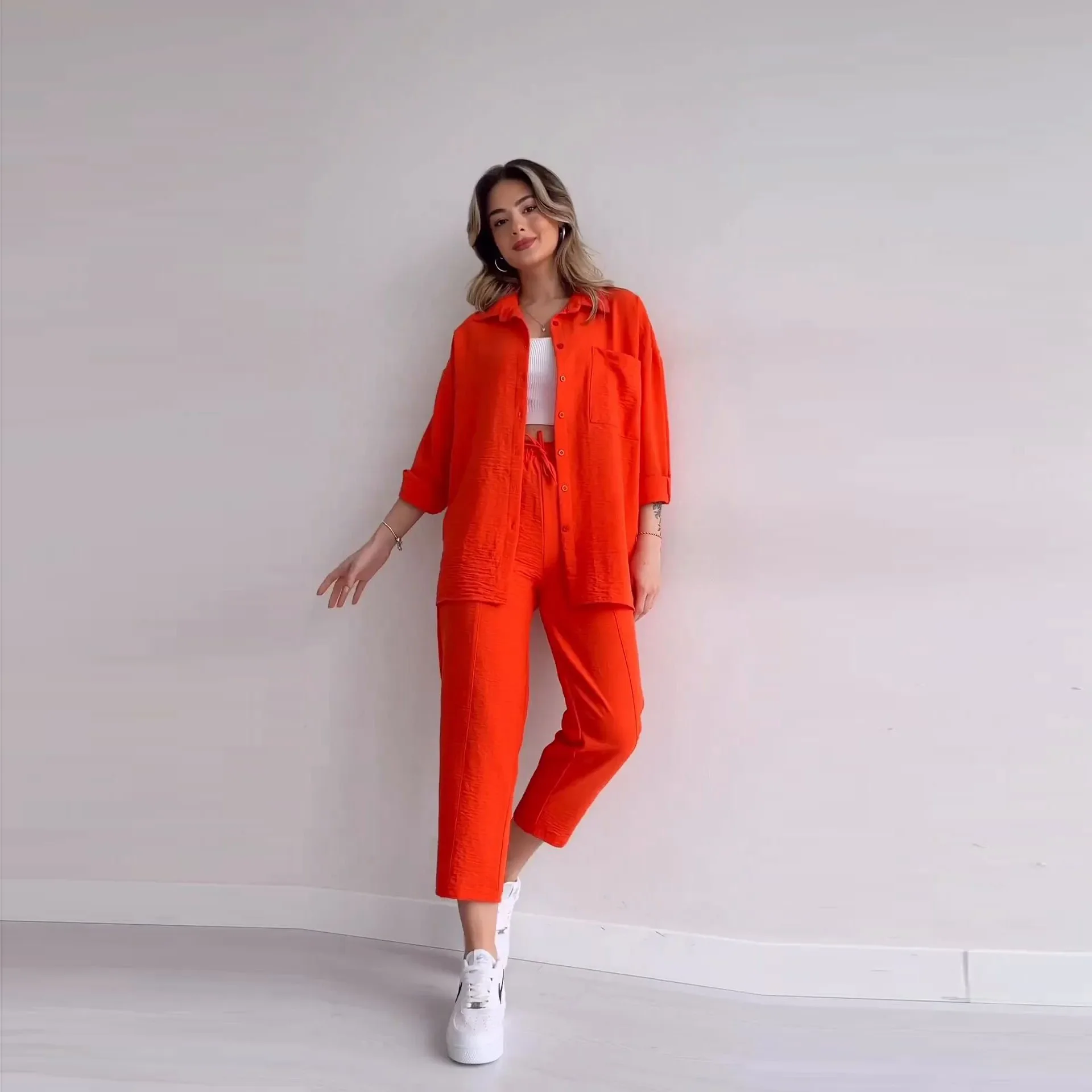 Pant Sets Women Solid Two Pieces Set Long Sleeve Cropped Button Shirt Loose Wide Leg Trouser Work Sporty Suits Y2k Streetwear