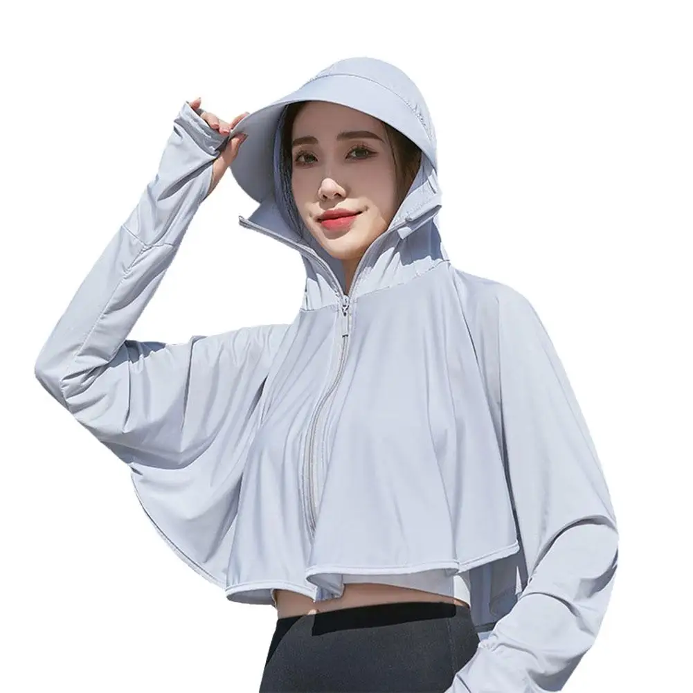 Ropa de protección solar de seda de hielo para mujer, de ala grande larga Sudadera con capucha, camisa de Color sólido, manga transpirable, ropa UV, Protecti Z2S9