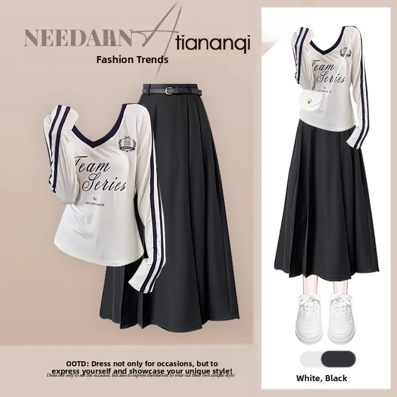 

Early Autumn High Waist American Sle Sweet And Spicy Color Colion V-ne oulder Top And Skirt Set Faionable Design