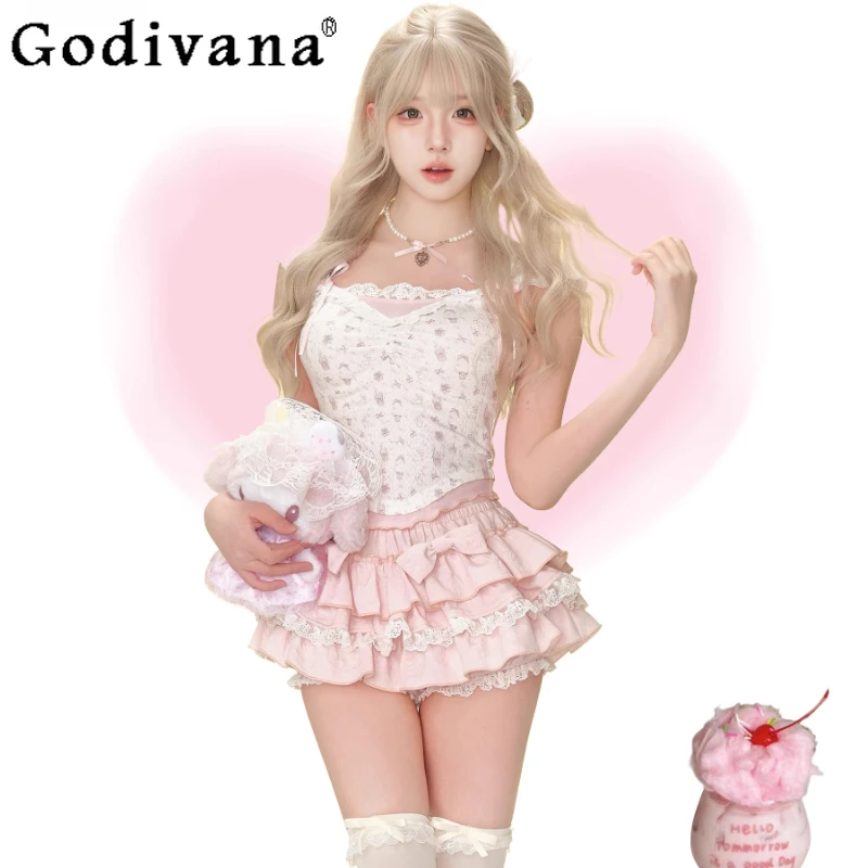 

Summer New Lolita Set for Girls Floral Short Sleeve Cute Top Pink Cake Mini Skirt Two Pieces Suit Women's Bow Skirt Outfits