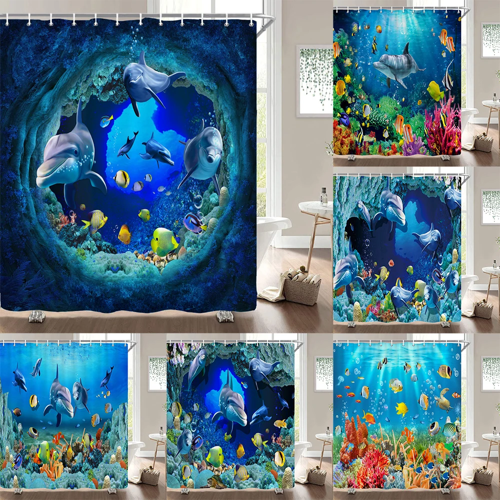 Underwater World Fish Turtle 3d Shower Curtains Ocean Dolphin Sea Scenery Fabric Waterproof Bath Curtain Bathroom Decor Screen