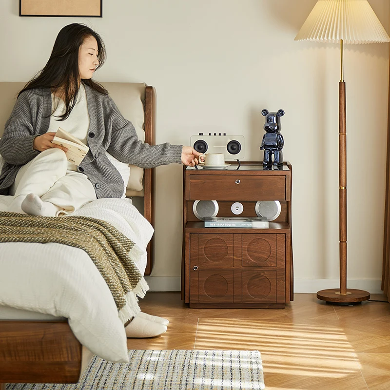 

North American black walnut bedside table household bedroom bedside smart locker solid wood fingerprint lock storage cabinet