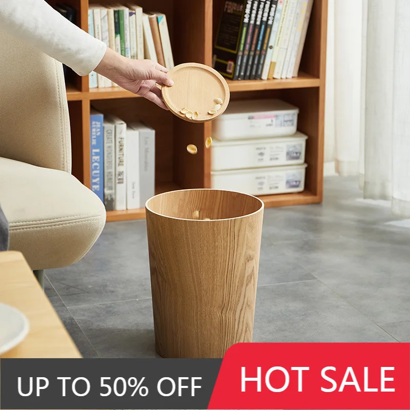 Solid Wood Trash Can Large Capacity Household Trash Bin Nordic Luxury Bedroom Garbage Bin Living Room Cleaning Accessories